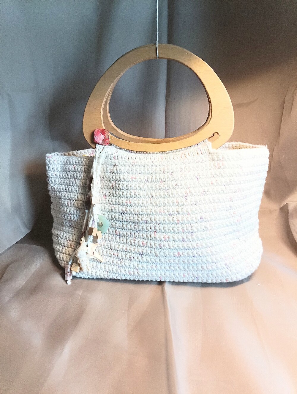 Cream Crochet Mini Bag with Wooden Handles